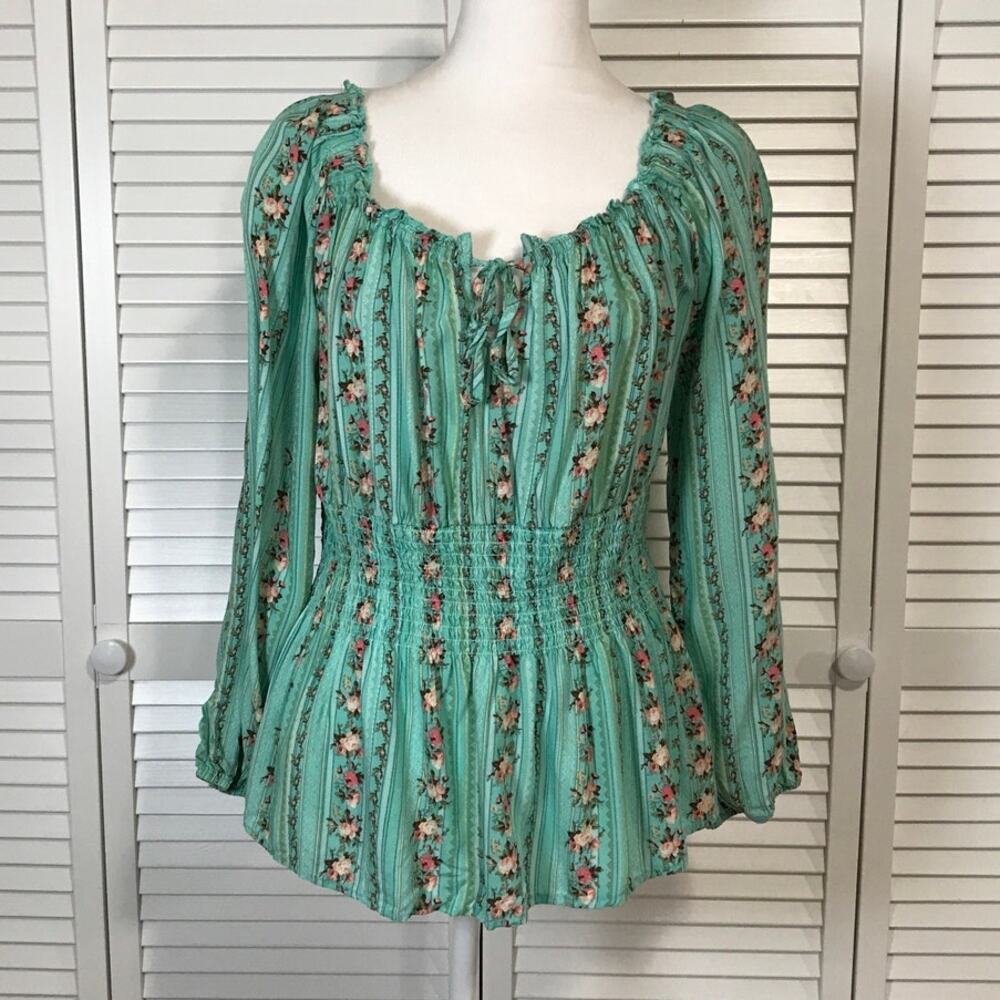 No Boundaries Bridgerton Style Floral Striped Smocked Blouse Juniors XL